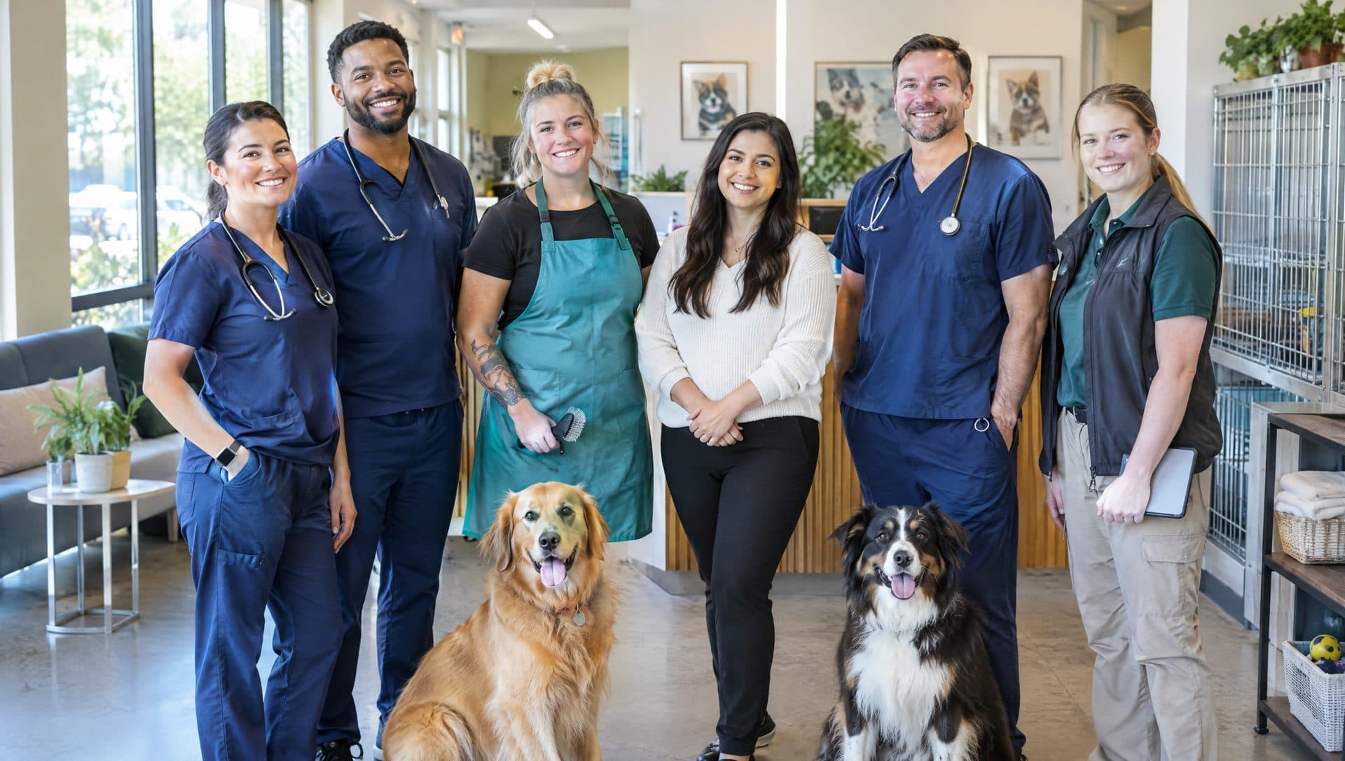 A pet care team of vets, a groomer and attendants with two dogs