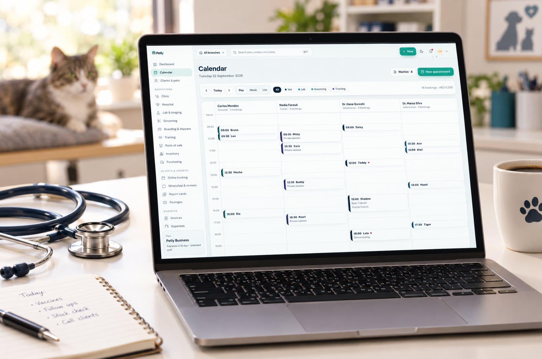 The Petly appointment calendar open on a laptop in a practice back office