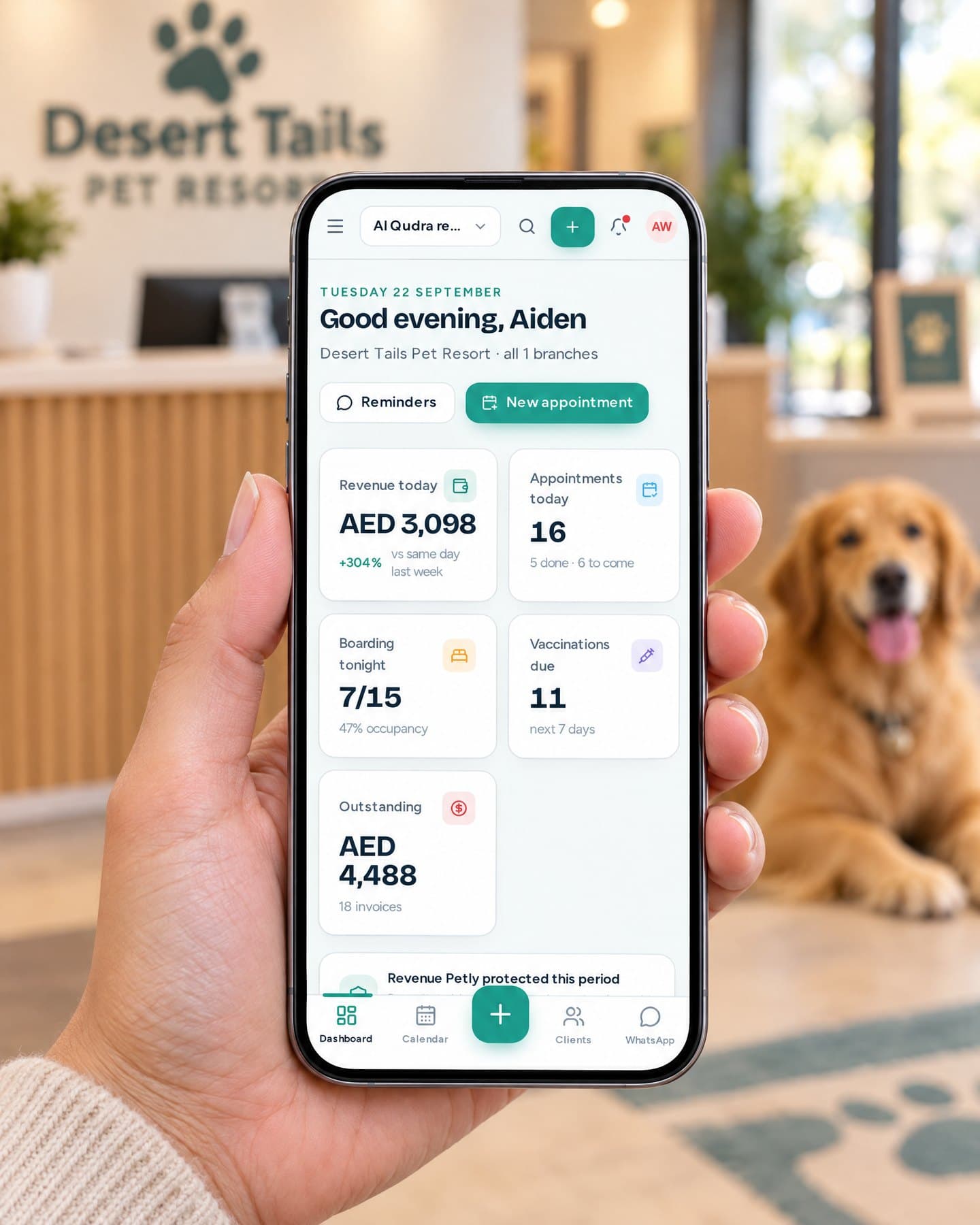 The Petly mobile app open on a phone at a pet resort