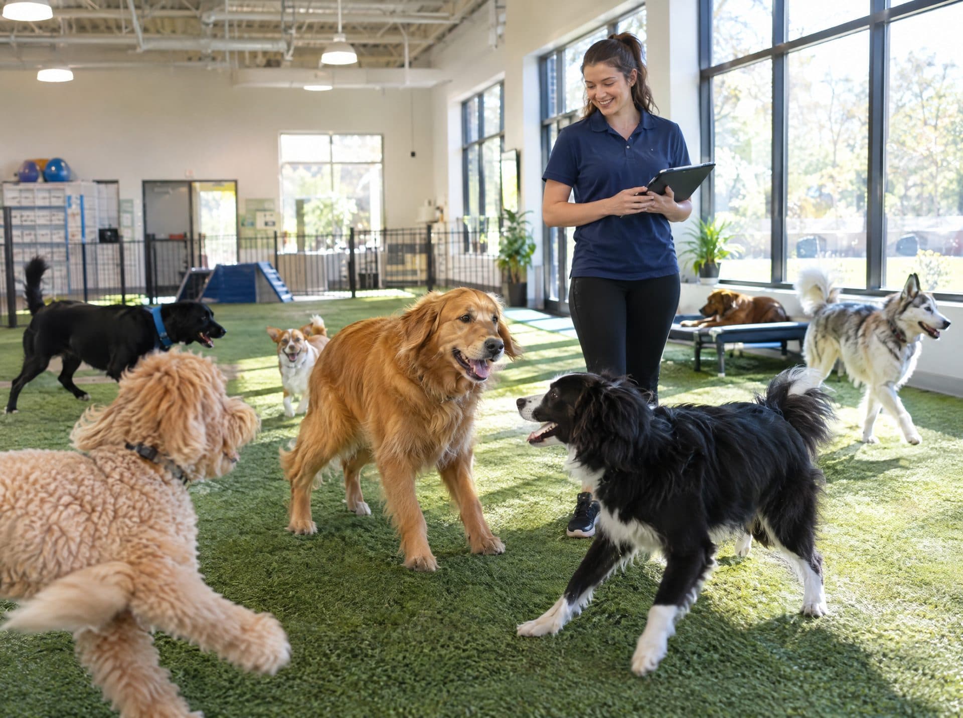 Dogs playing in an indoor daycare