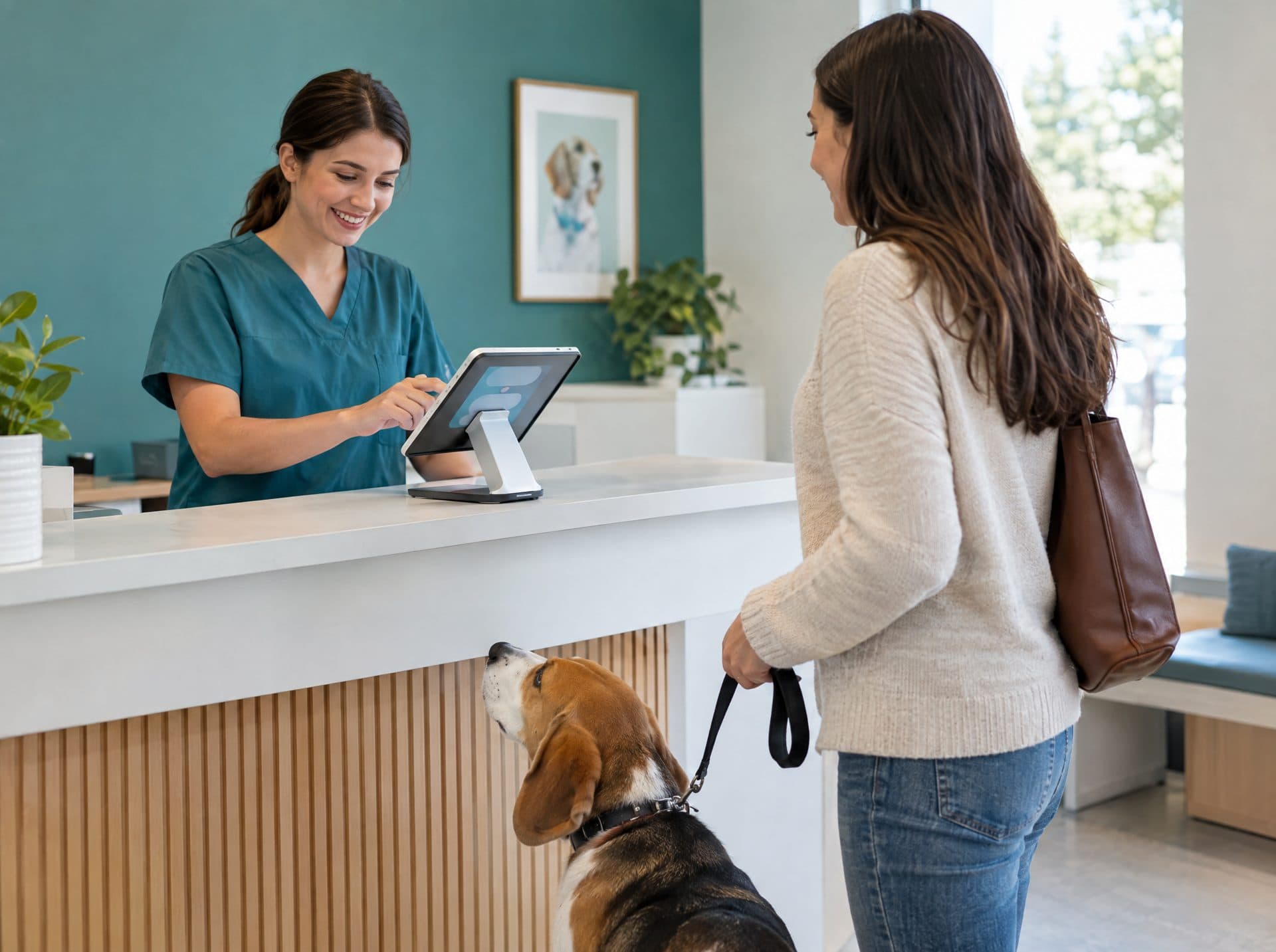 Nurse checking in a beagle and its owner at the front desk on a tablet