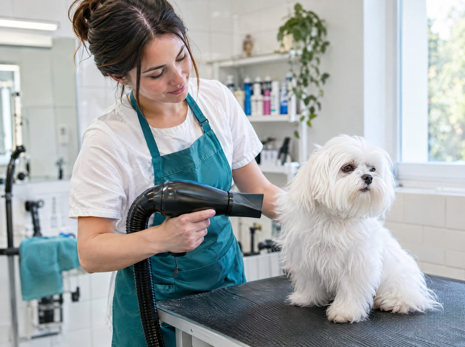 Groomer blow-drying a Maltese