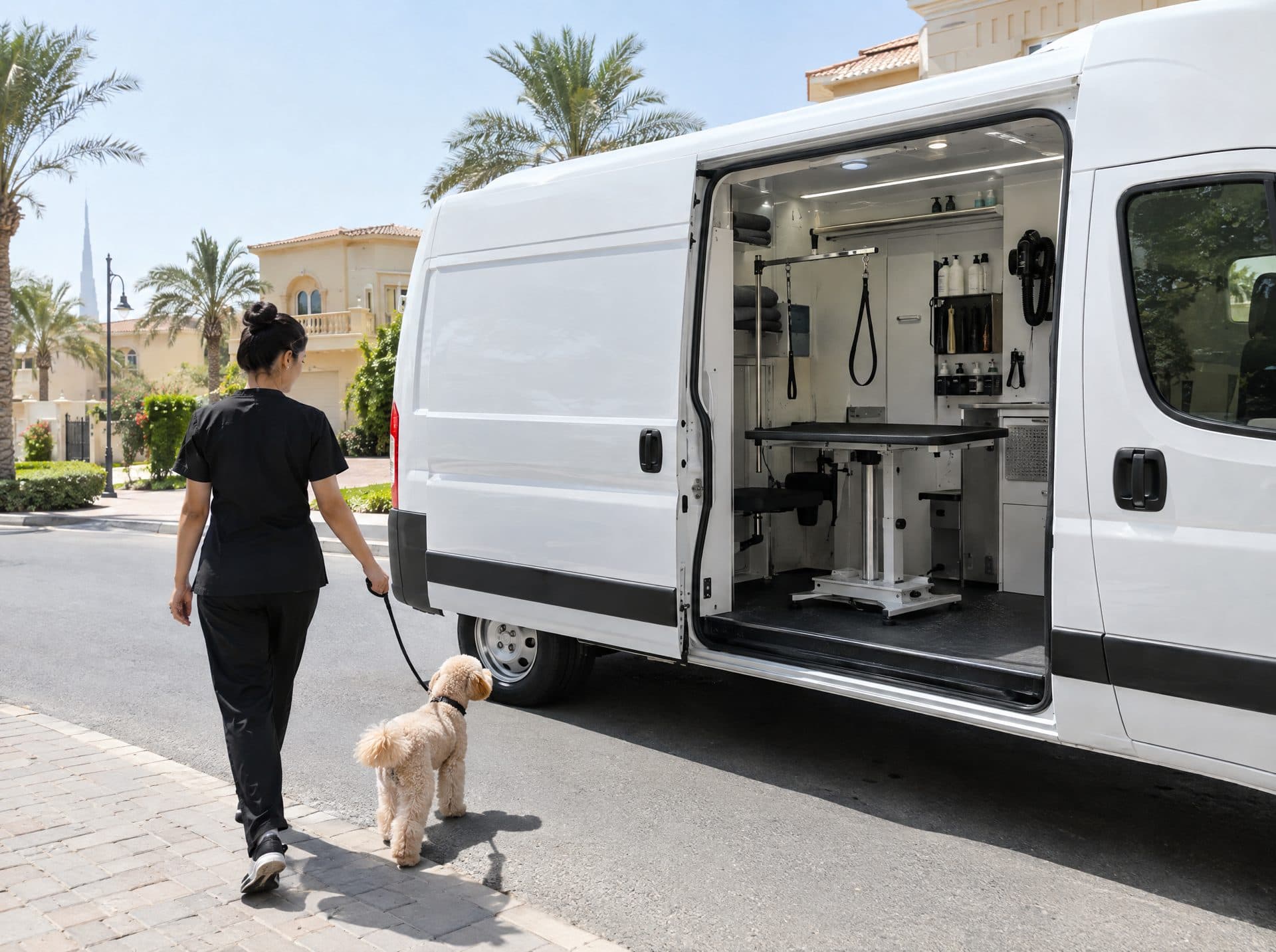Mobile grooming van on a villa street