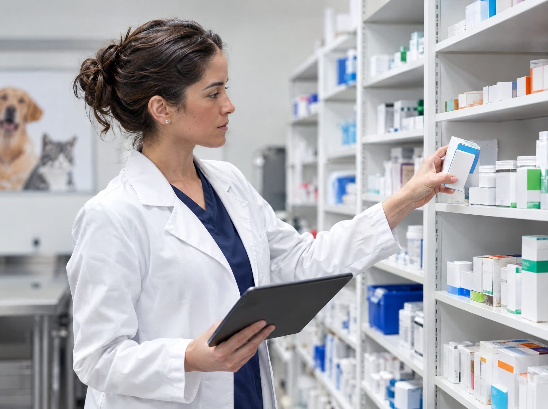 Pharmacist checking medicine stock on a tablet