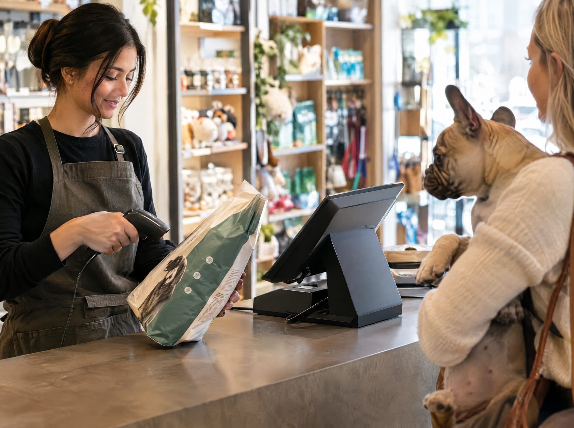 Cashier scanning pet food at a point of sale