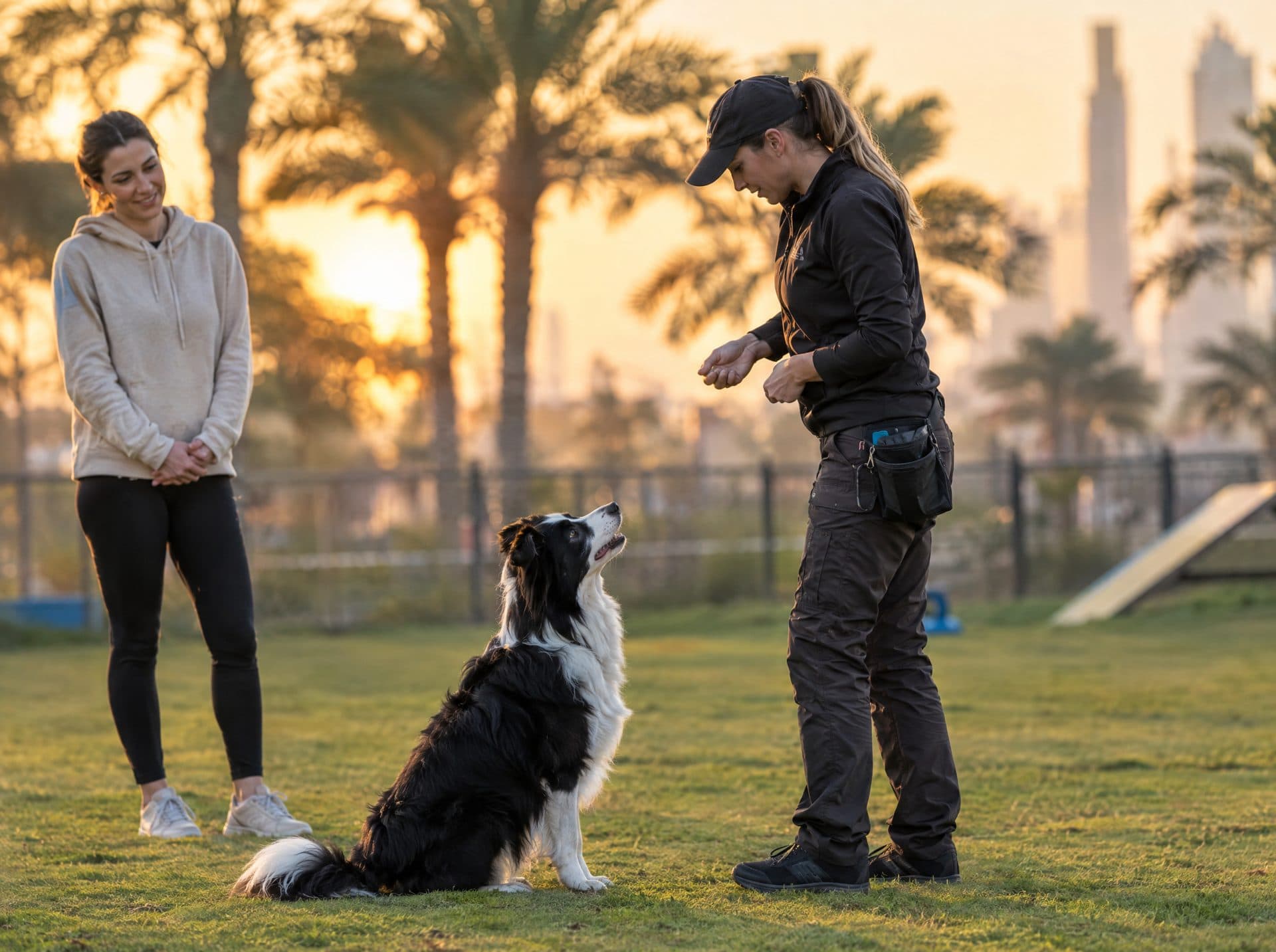 Trainer working with a border collie at sunset