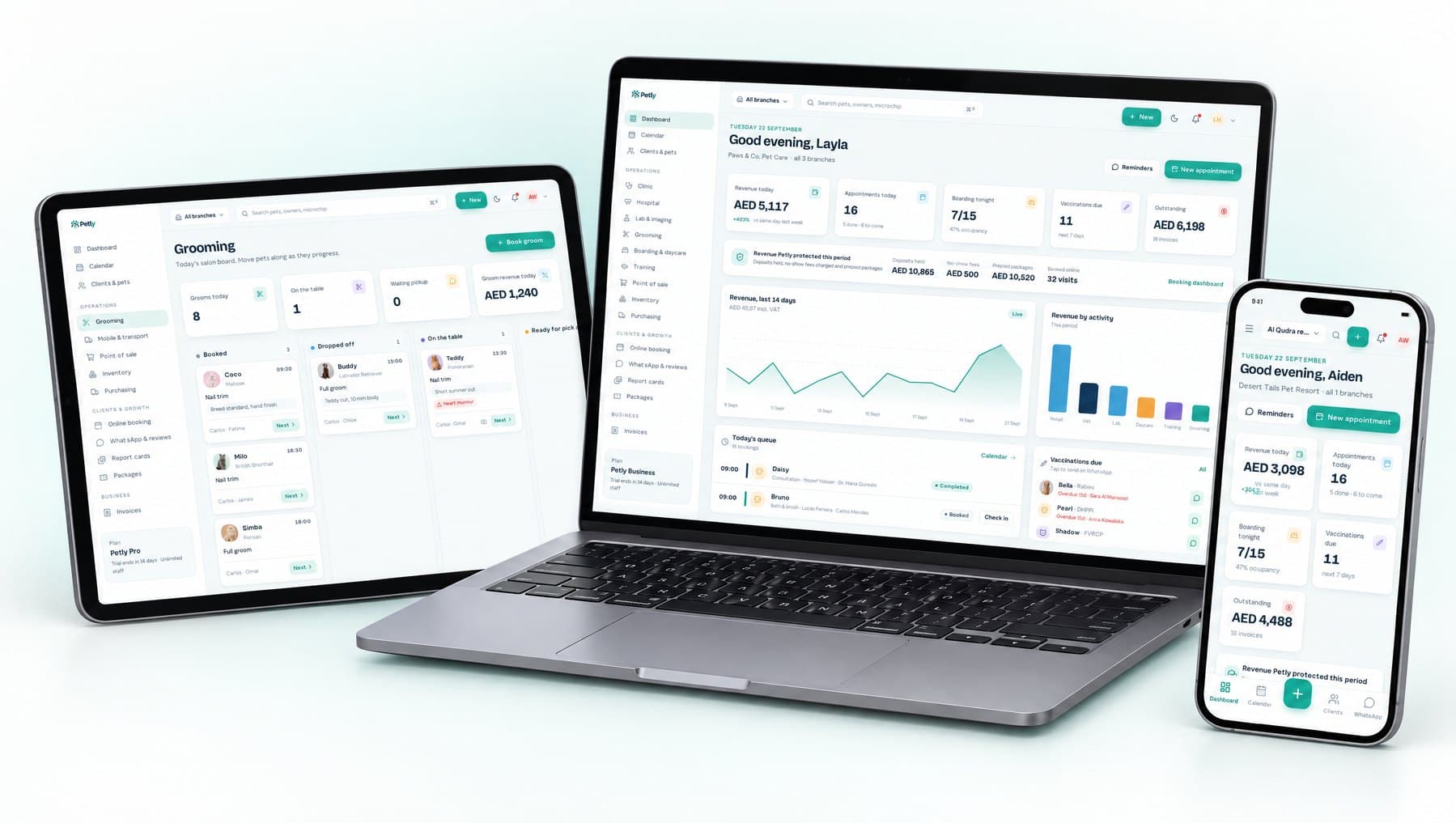 The Petly dashboard on a laptop, the grooming board on a tablet and the mobile app on a phone