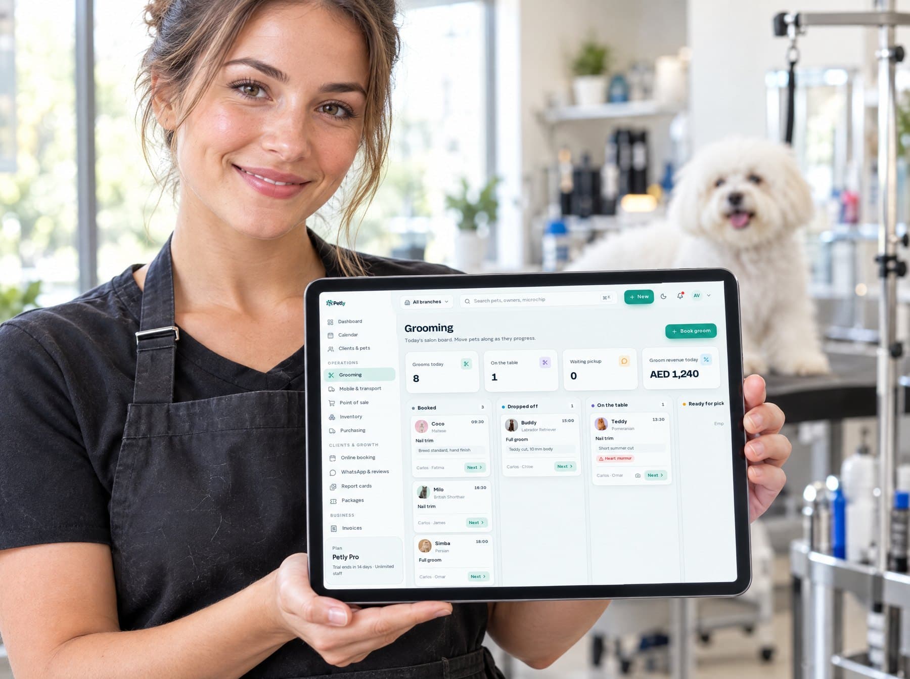A groomer holding a tablet showing the Petly grooming board